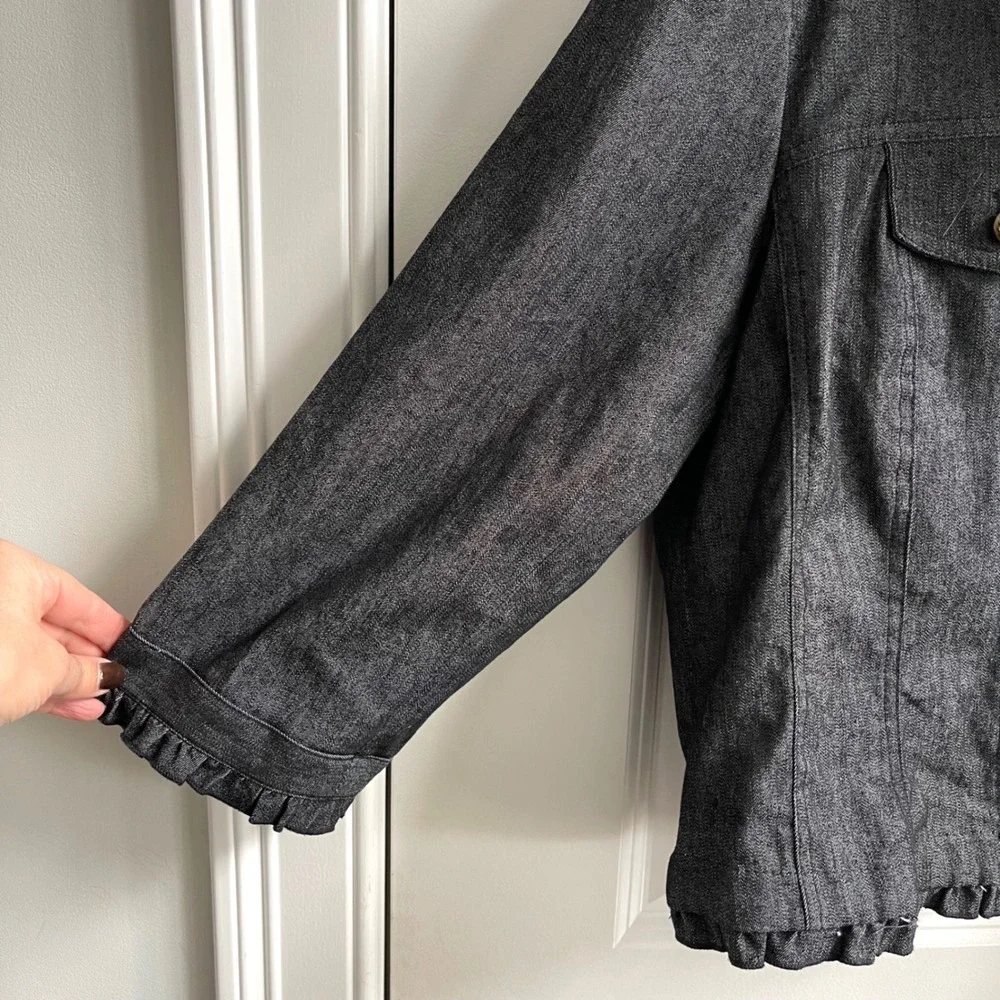 Sandro Petite‎ Denim Jacket Womens PL Gray Ruffle Trim Coquette Brass Button